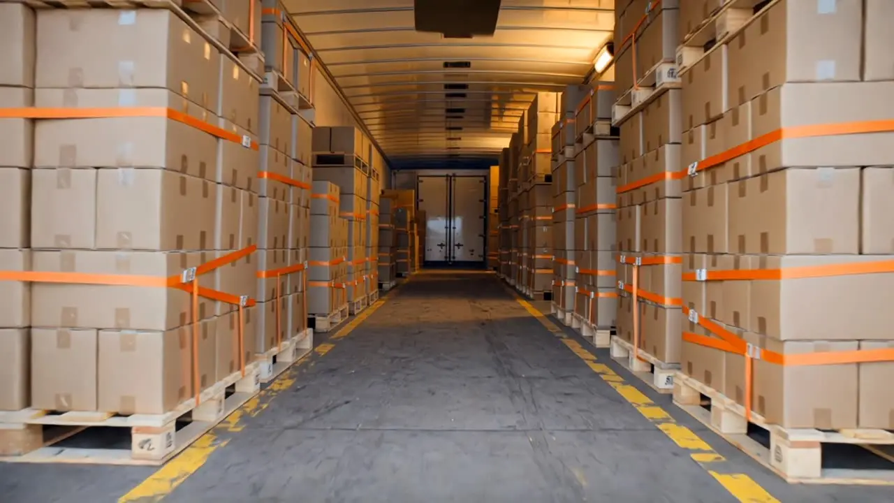 Automated warehouse aisle with stacked pallets