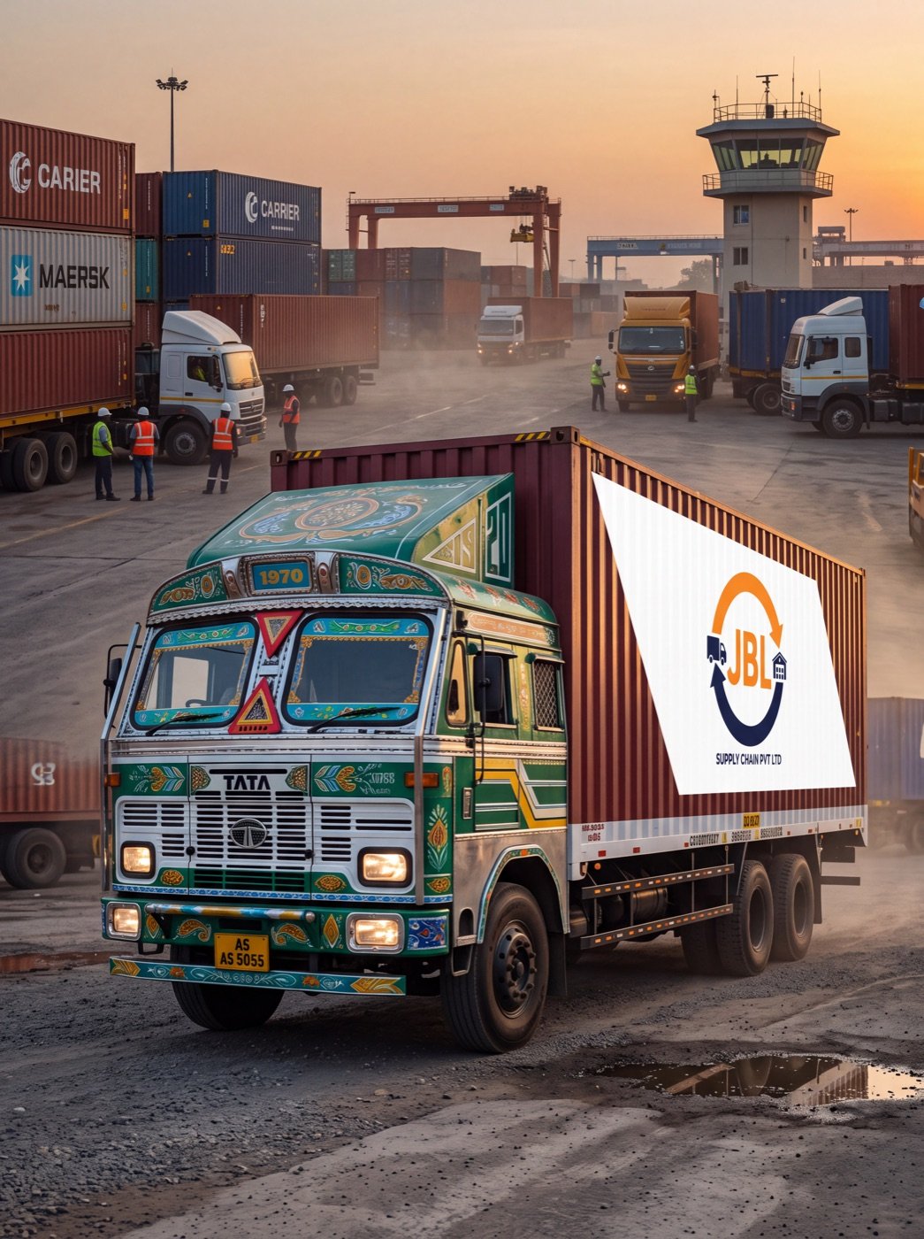 Futuristic 32ft container truck, front three-quarter view with glowing running lights