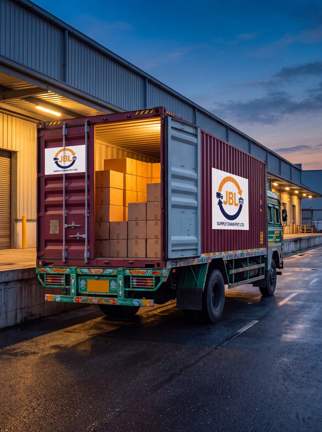 Futuristic container truck rear doors open revealing holographic cargo scan