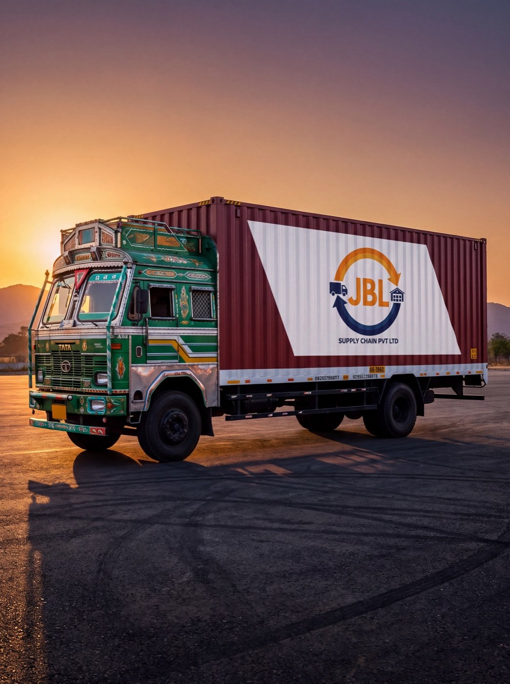 Futuristic 32ft container truck, full side profile with glowing orange trim